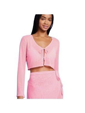 Wild Fable Womens Pink Sheer Tie-Front Cropped Long Sleeve Top XL